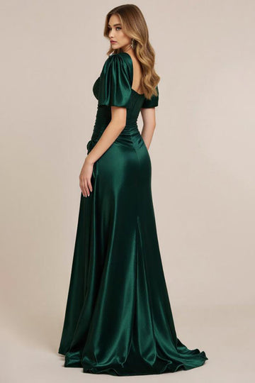 Dark Green Satin A Line V Neck Ruched Long Formal Dress with Slit